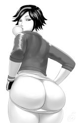  1girl ass bad_id bad_tumblr_id big_hero_6 blowing_bubbles butt_crack chewing_gum cowboy_shot curvy fingerless_gloves gloves gogo_tomago greyscale highres huge_ass jacket looking_down lvl_(sentrythe2310) monochrome panties panty_pull plump short_hair signature simple_background solo thick_thighs thighs underwear white_background wide_hips  rating:Questionable score:224 user:danbooru