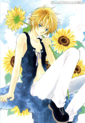  1boy azumi_tooru blonde_hair blue_eyes denim flower jeans male_focus pants solo sunflower tohru_adumi watermark web_address 