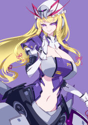 1girl adapted_costume armor armored_dress breasts cleavage closed_mouth clothing_request dress gloves groin happy highres large_breasts long_hair midriff navel purple_background purple_dress purple_eyes raptor7 red_ribbon ribbon seductive_smile sidelocks simple_background smile stomach touhou upper_body very_long_hair white_gloves yakumo_yukari