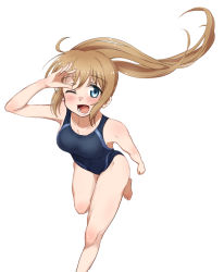  1girl barefoot black_one-piece_swimsuit blonde_hair blue_eyes collarbone commentary_request competition_swimsuit feet_out_of_frame highres long_hair love_live! love_live!_school_idol_festival odango- one-piece_swimsuit ponytail smile solo suda_iruka swimsuit white_background 