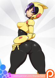 1girl armor ass big_hero_6 black_hair bodysuit breasts brown_eyes collaboration cowboy_shot disney eyeshadow from_behind gogo_tomago hand_on_own_hip helmet highres huge_ass lips looking_back makeup maniacpaint multicolored_hair oddmachine patreon patreon_username purple_hair short_hair skin_tight smile solo superhero_costume thick_thighs thighs tight_clothes two-tone_hair watermark web_address wide_hips rating:Sensitive score:174 user:dmysta3000