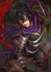  1boy black_bodysuit black_hair bodysuit commentary_request facial_mark folded_ponytail hanh_chu holding holding_sword holding_weapon katana looking_at_viewer male_focus ninja official_style one-punch_man onsoku_no_sonic open_mouth ponytail purple_scarf scarf smile solo sword weapon 