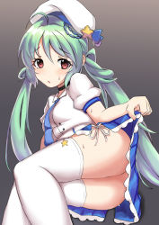  1girl absurdres ahoge azur_lane bottomless breasts chamu_(tdjcham) clothes_lift comet_(azur_lane) commentary_request green_hair hair_ornament highres lifted_by_self long_hair looking_at_viewer lying no_panties red_eyes remodel_(azur_lane) simple_background skirt skirt_lift small_breasts solo thighhighs twintails white_thighhighs  rating:Questionable score:7 user:danbooru
