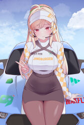  1girl absurdres ahoge blonde_hair blue_sky breasts brown_pantyhose brown_skirt car character_name checkered_clothes clothes_writing cloud criss-cross_straps decal ford ford_mustang ford_mustang_s650 hamburger_hat hat headset highres jingburger large_breasts long_hair long_sleeves looking_at_viewer miniskirt motor_vehicle nervous_smile pantyhose pencil_skirt raglan_sleeves red_eyes side_slit sitting sitting_on_car skirt sky smile solo sundance0218 sweatdrop sweater swept_bangs very_long_hair virtual_youtuber visor_cap waktaverse white_hat white_sweater yellow_sleeves 