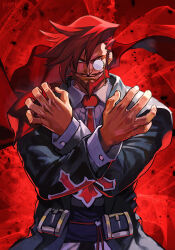  1boy beard black_jacket brown_hair capelet cross evil_smile facial_hair floating_cape guilty_gear guilty_gear_xrd hungry_clicker jacket monocle mustache necktie no_pupils obijime red_background red_capelet red_necktie red_theme shirt sideburns slayer_(guilty_gear) smile solo upper_body white_shirt x_arms 