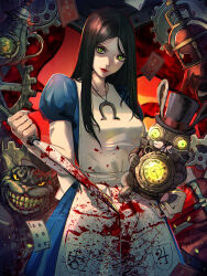  1girl absurdres alice_liddell_(american_mcgee&#039;s_alice) american_mcgee&#039;s_alice apron black_hair blood blood_on_clothes bloody_weapon blue_dress cheshire_cat_(alice_in_wonderland) dress green_eyes highres horseshoe_necklace long_hair short_sleeves solo_focus weapon white_apron xuuikie_ashe 