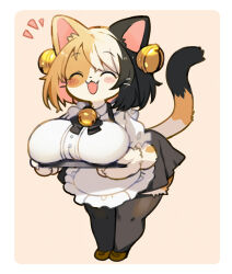 1girl animal_ears apron bell black_fur black_thighhighs breast_rest breasts breasts_on_tray brown_fur calico carried_breast_rest carrying cat_ears cat_girl cat_tail closed_eyes curvy fangs furry furry_female highres holding holding_plate huge_breasts jingle_bell kishibe maid multicolored_hair original plate plump short_hair smile solo tail thick_thighs thighhighs thighs two-tone_hair white_fur  rating:Sensitive score:34 user:AppleOppai
