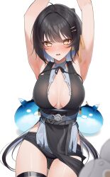  1girl absurdres ahoge armpits arms_up black_dress black_hair black_shorts blush breasts center_opening cleavage commentary dress earrings female_rover_(wuthering_waves) hair_intakes hair_ornament hairclip highres jewelry large_breasts looking_at_viewer open_mouth pelvic_curtain ravenpulse rover_(wuthering_waves) shorts sitting solo symbol-only_commentary thigh_strap thighs wuthering_waves yellow_eyes 