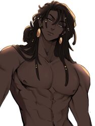  1boy abs closed_mouth dark-skinned_male dark_skin earrings gold_earrings grey_eyes half_updo highres jewelry jin_(xiannie) long_hair long_locs looking_at_viewer male_focus nipples original simple_background solo tied_locs toned toned_male topless_male white_background 