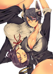 10s 2girls bad_id bad_pixiv_id blue_hair blush breasts checkered_clothes checkered_necktie checkered_neckwear cleavage covered_erect_nipples curvy dress eyepatch halo headgear huge_breasts kantai_collection large_breasts looking_at_viewer mechanical_halo medo_kyun multiple_girls necktie no_pants open_clothes open_shirt purple_eyes purple_hair ribbon shirt short_dress short_hair simple_background sweatdrop tatsuta_(kancolle) tenryuu_(kancolle) wide_hips yellow_eyes rating:Questionable score:25 user:danbooru