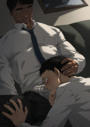  2boys absurdres age_difference bara between_pectorals blue_necktie blush bulge bulge_press collared_shirt couch dark-skinned_male dark_skin erection erection_under_clothes facial_hair feet_out_of_frame glimo goatee hand_on_another&#039;s_head highres indoors large_pectorals male_focus male_underwear male_underwear_peek mature_male multiple_boys muscular muscular_male necktie necktie_between_pectorals on_couch open_pants original pants pectorals penis_on_face salaryman shirt short_hair thick_eyebrows thick_thighs thighs underwear white_male_underwear yaoi  rating:Questionable score:57 user:danbooru