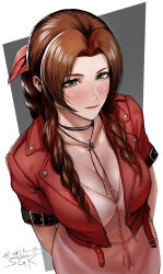  1girl aerith_gainsborough alternate_breast_size artist_name belt blush bow braid braided_ponytail breasts brown_hair cleavage collarbone commentary_request cropped_jacket dress drill_hair eyelashes final_fantasy final_fantasy_vii forehead from_above green_eyes hair_intakes highres jacket jewelry large_breasts necklace open_clothes open_jacket parted_lips pink_bow pink_dress red_jacket sgk shiny_skin short_sleeves side_drill sidelocks signature simple_background solo tri_drills white_background 