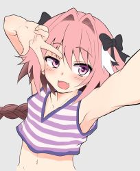  1boy astolfo_(fate) astolfo_(memories_at_trifas)_(fate) bow braid crop_top fang fate/apocrypha fate_(series) hair_bow hair_intakes highres hirame_guard male_focus official_alternate_costume open_mouth pink_hair purple_eyes reaching reaching_towards_viewer selfie single_braid smile solo trap uneven_eyes v v_over_eye  rating:Sensitive score:40 user:danbooru