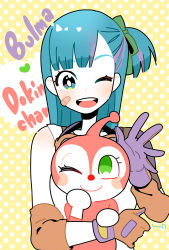  1-tuka :d ;) anpanman antennae bandages bandaid bandaid_on_face blue_eyes blue_hair blush blush_stickers bulma carrying character_name crossover detached_sleeves dokin-chan dragon_ball dragon_ball_(classic) eyelashes gloves green_eyes green_ribbon hair_ribbon long_hair looking_at_another looking_at_viewer looking_up multicolored_hair one-piece_swimsuit one_eye_closed open_mouth polka_dot polka_dot_background ponytail purple_eyes purple_hair ribbon voice_actor voice_actor_connection smile teeth tsuru_hiromi two-tone_hair upper_body waving white_background yellow_background yellow_eyes 