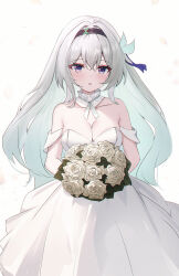  1girl absurdres aqua_hair black_hairband bouquet breasts cleavage collar colored_inner_hair commentary cowboy_shot detached_collar dress eyeshadow firefly_(honkai:_star_rail) flower hair_intakes hair_ornament hairband highres honkai:_star_rail honkai_(series) long_hair looking_at_viewer makeup multicolored_hair parted_lips purple_eyes rose short_sleeves solo standing usagi_(786113654) very_long_hair wedding_dress white_background white_collar white_dress white_flower white_hair white_rose 