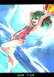  10s 1girl 2014 adapted_costume animal_ears ball barefoot beachball blue_sky blush breasts casual_one-piece_swimsuit cloud cloudy_sky dated day double_frill_skirt_swimsuit frilled_swimsuit frills green_eyes green_hair kasodani_kyouko letterboxed matching_hair/eyes namauni nontraditional_school_swimsuit ocean one-piece_swimsuit open_mouth outdoors red_one-piece_swimsuit school_swimsuit short_hair sketch sky small_breasts smile solo swimsuit touhou water 