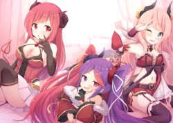  3girls bare_shoulders bed bed_sheet belt black_bow black_bowtie black_gloves black_horns black_thighhighs blue_eyes blush bow bowtie breasts cleavage cross-laced_clothes cross-laced_shorts cross-laced_top curled_horns curtains demon_girl demon_horns detached_collar elbow_gloves garter_straps gloves heart heart_belt heart_tail heterochromia highres horns io_(princess_connect!) knee_up large_breasts long_hair medium_breasts misaki_(princess_connect!) multiple_girls navel nyxerebos on_bed one_eye_closed open_mouth parted_bangs pillow pink_hair pink_tail pleated_skirt princess_connect! purple_hair red_eyes red_shorts shorts skirt suzuna_(princess_connect!) tail thighhighs twintails white_skirt wide_sleeves 