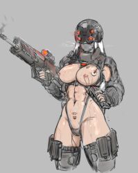  1girl abs ammunition ammunition_pouch armpit_cutout assault_rifle barcode barcode_tattoo bare_hips belt between_breasts breast_tattoo breasts breasts_apart breath clothing_cutout combat_doll_(sirpetus) covered_face cowboy_shot cyborg faceless faceless_female female_soldier grey_background gun helmet highleg highleg_panties highres holding holding_weapon jacket large_breasts looking_at_viewer mask military_jacket military_uniform mind_control navel nipple_piercing nipples number_tattoo numbered panties piercing pouch pubic_tattoo reloading revealing_clothes rifle sex_toy sirpetus soldier solo standing strap_between_breasts sweat tattoo thighhighs topless underwear uniform vibrator weapon white_hair 