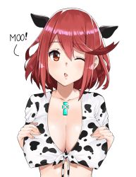 1girl animal_ears animal_print bell blush breasts collarbone covered_erect_nipples cow_ears cow_print cowbell highres j@ck jewelry large_breasts looking_at_viewer matching_hair/eyes neck_bell nintendo one_eye_closed pyra_(xenoblade) red_eyes red_hair short_hair simple_background smile solo third-party_edit tiara wink xenoblade_chronicles_(series) xenoblade_chronicles_2 rating:Questionable score:25 user:darkmetaknight9