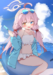 1girl absurdres ahoge bare_shoulders bikini blue_archive blue_eyes blue_jacket blue_sky blush cloud commentary eyewear_on_head flat_chest food frilled_bikini frills glasses halo heterochromia highres hoshino_(blue_archive) hoshino_(swimsuit)_(blue_archive) jacket long_hair looking_at_viewer natsukari_na official_alternate_costume official_alternate_hairstyle open_mouth pink_hair popsicle sky smile solo swimsuit thighs water white_bikini yellow_eyes rating:Sensitive score:14 user:danbooru