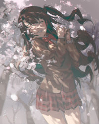1girl :d blazer bow bowtie brown_hair brown_jacket cherry_blossoms closed_eyes commentary facing_viewer fajyobore falling_petals flower grin highres holding holding_flower idolmaster idolmaster_cinderella_girls jacket long_hair one_side_up open_mouth petals plaid plaid_skirt pleated_skirt red_bow red_bowtie red_skirt shimamura_uzuki shirt skirt smile solo white_shirt wind rating:General score:7 user:danbooru