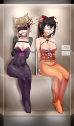  2girls ahoge arms_behind_back bad_anatomy bare_shoulders bdsm bit_gag black_hair blindfold bodysuit bondage bound breasts brown_hair cleavage collar collarbone covered_navel encasement full_body gag gagged gimp_suit highres impossible_bodysuit impossible_clothes latex legs_together long_hair medium_breasts midnight_(banyex) multiple_girls original restrained saliva short_hair sitting skin_tight slave wrapped  rating:Questionable score:77 user:danbooru
