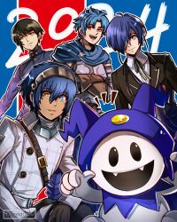  2024 4boys alain_(unicorn_overlord) atlus black_hair black_suit blue_background blue_cape blue_eyes blue_hair cape commentary company_connection english_commentary fangs formal gekkoukan_high_school_uniform gzei hair_over_one_eye hairband heterochromia highres jack_frost_(megami_tensei) looking_at_viewer metaphor:_refantazio multiple_boys notice_lines open_mouth persona persona_3 persona_3_reload protagonist_(metaphor:_refantazio) protagonist_(smtv) red_background red_eyes school_uniform shin_megami_tensei shin_megami_tensei_v shirt short_hair smile suit two-tone_background unicorn_overlord white_shirt yellow_eyes yuuki_makoto_(persona_3) 