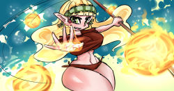  1girl angry blonde_hair blush breasts female_focus fire fireball frills green_eyes headdress large_breasts legs long_hair looking_at_viewer magic open_mouth panties pointy_ears solo staff underwear woofmaple  rating:Sensitive score:2 user:Alicia_neet