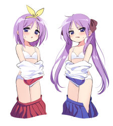  2girls bad_id bad_twitter_id blue_eyes blue_skirt blush bow bra breasts clothes_pull deadnooodles female_focus hair_bow hiiragi_kagami hiiragi_tsukasa loli long_hair looking_at_viewer lucky_star multiple_girls open_mouth panties red_skirt ribbon shirt unworn_shirt short_hair siblings simple_background sisters skirt skirt_pull small_breasts thighs twins twintails underwear undressing white_background white_bra white_panties white_shirt  rating:Sensitive score:119 user:danbooru
