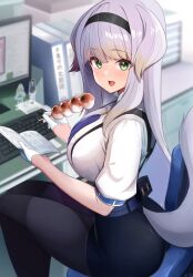  1girl :d absurdres belt black_pantyhose black_shorts blonde_hair blue_belt book breasts dango dog_girl dog_tail food from_side gloves gradient_hair green_eyes grey_hair half_gloves highres holding holding_book indoors keyboard_(computer) large_breasts long_hair looking_at_viewer looking_to_the_side monitor multicolored_hair neck_tassel nijisanji on_chair open_book open_mouth pantyhose sezok shioriha_ruri shirt shorts sitting smile solo tail virtual_youtuber wagashi white_gloves white_shirt 