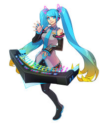  1girl alternate_costume bare_shoulders blonde_hair blue_eyes blue_hair boots breasts cleavage cosplay detached_sleeves gradient_hair hair_ornament hatsune_miku hatsune_miku_(cosplay) headphones headset large_breasts league_of_legends legs long_hair looking_at_viewer matching_hair/eyes multicolored_hair necktie open_mouth skirt solo sona_(league_of_legends) twintails vmat vocaloid  rating:General score:3 user:Moyz
