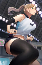 1girl absurdres bad_id bad_pixiv_id bike_shorts black_shorts black_thighhighs blonde_hair blurry blurry_background breasts commentary_request female_focus flying_sweatdrops from_below green_eyes highres large_breasts looking_up midriff navel open_mouth original playing_sports ponytail shorts solo sportswear sweat thighhighs thighs uniform vegetablenabe volleyball_uniform rating:Sensitive score:32 user:danbooru