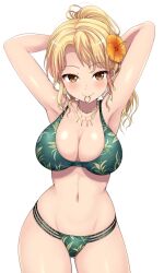  1girl absurdres adjusting_hair armpits arms_behind_head arms_up bang_dream! bikini black_bikini blonde_hair blush breasts brown_eyes cleavage collarbone commission commissioner_upload cowboy_shot earrings floral_print flower flower_on_head gluteal_fold hair_tie_in_mouth hibiscus highres hoop_earrings jewelry kasai_shin kirigaya_toko large_breasts long_hair looking_at_viewer mouth_hold navel necklace object_in_mouth ponytail print_bikini shiny_skin simple_background skeb_commission smile solo stomach swimsuit white_background  rating:Sensitive score:18 user:ToukoAnon