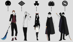  1girl 4boys arrow_(projectile) belt belt_buckle black_belt black_cloak black_eyes black_footwear black_hat black_jacket black_pants black_ribbon black_sailor_collar black_serafuku black_shirt black_skirt black_socks blue_eyes blunt_bangs blunt_ends boots bow bow_(weapon) brown_hair buckle buttons chaninin character_name cloak closed_mouth coat collared_coat collared_jacket commentary_request covered_mouth crest drawing_arrow finger_to_mouth footwear_ribbon frown full_body gakuran grey_background grey_coat grey_hair grey_scarf gun hair_between_eyes hair_bow hair_over_eyes hand_on_own_hip handgun hat high_collar holding holding_gun holding_pointer holding_polearm holding_sword holding_weapon holster jacket katana kneehighs lapels layered_sleeves long_hair midriff_peek miniskirt multiple_boys naginata neckerchief notched_lapels one_eye_closed open_clothes open_jacket original pants parted_lips pleated_skirt pointer polearm red_bow red_footwear red_shirt ribbon sailor_collar scarf school_uniform serafuku shirt short_hair_with_long_locks simple_background skirt smirk socks straight_hair sword thigh_belt thigh_strap translation_request turtleneck turtleneck_shirt two-sided_fabric two-sided_jacket very_long_hair weapon weapon_behind_back white_neckerchief 