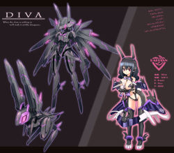  1girl armor black_hair bodysuit breasts center_opening cleavage collarbone english_text engrish_text glowing headgear homura_subaru large_breasts leotard machinery mecha_musume midriff navel original ranguage revealing_clothes solo standing stomach text_focus  rating:Questionable score:15 user:danbooru