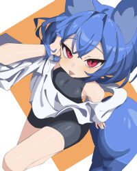  1girl absurdres animal_ear_fluff animal_ears arm_at_side arm_support bare_shoulders black_bodysuit blouse blue_hair blush bodysuit downblouse fox_ears fox_girl fox_tail from_above hand_up highres looking_at_viewer miya_(myakuro) myakuro off-shoulder_shirt off_shoulder original red_eyes shirt sitting sleeveless sleeveless_bodysuit sleeves_past_elbows slit_pupils solo tail tongue tongue_out white_shirt 