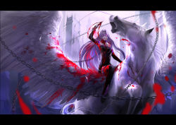  1girl bellerophon_(fate) blindfold blood chain dagger fate/stay_night fate_(series) highres horse knife kzcjimmy letterboxed long_hair medusa_(fate) medusa_(rider)_(fate) pegasus purple_hair solo thighhighs very_long_hair weapon wings  rating:Sensitive score:16 user:danbooru