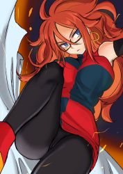  1girl android_21 blue_eyes breasts brown_hair detached_sleeves dragon_ball dragon_ball_fighterz earrings emirio_(emirio110) glasses jewelry large_breasts pantyhose solo  rating:Sensitive score:37 user:edloser