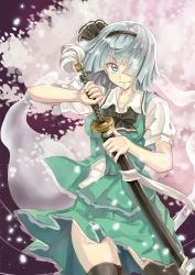  1girl asuki black_thighhighs bow cherry_blossoms clothes_lift cowboy_shot glowing green_skirt green_vest grey_eyes hair_over_one_eye hairband highres holding holding_sword holding_weapon konpaku_youmu konpaku_youmu_(ghost) open_clothes open_vest petals purple_background sheath shirt short_hair short_sleeves simple_background skirt skirt_lift solo sword thighhighs thighs touhou unsheathing vest weapon white_shirt wind zettai_ryouiki 