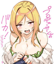 1boy 1girl bare_shoulders blonde_hair blush breasts camisole cleavage collarbone crying dot_nose eyelashes green_camisole hair_between_eyes hair_over_shoulder half-closed_eyes holding_another&#039;s_arm idolmaster idolmaster_million_live! idolmaster_million_live!_theater_days jewelry lace lace-trimmed_shirt lace_trim large_breasts long_hair mitogawawataru momose_rio nail_polish necklace off_shoulder open_mouth parted_bangs producer_(idolmaster) shirt sidelocks signature simple_background sobbing solo_focus spaghetti_strap straight_hair tearing_up tears teeth translation_request white_background