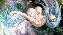 1girl arched_back ass bare_shoulders blue_hair bouncing_breasts breasts character_request collarbone covered_erect_nipples dress dutch_angle eyelashes eyeshadow female_focus from_behind green_eyes highres iconic_field japan_animator_expo large_breasts leaning_back lips long_hair looking_at_viewer makeup nature nipples no_bra nolia outdoors revision see-through sleeveless sleeveless_dress solo spaghetti_strap splashing standing strap_slip very_long_hair wading water water_drop wet wet_clothes wet_hair white_dress rating:Questionable score:56 user:danbooru