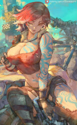  1girl :q areola_slip arm_tattoo black_gloves borderlands_(series) breast_tattoo breasts cleavage cutesexyrobutts fingerless_gloves flashing gloves gun highres holding holding_gun holding_weapon large_breasts lilith_(borderlands) looking_at_viewer midriff multicolored_hair navel one_eye_closed outdoors patreon_username red_hair short_hair solo stomach_tattoo tattoo tongue tongue_out two-tone_hair weapon white_hair yellow_eyes  rating:Questionable score:69 user:danbooru