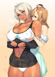  23_(real_xxiii) 2girls ahoge blonde_hair blue_eyes blush grabbing_another&#039;s_breast breasts choker cleavage commentary_request dark-skinned_female dark_skin dress grabbing grabbing_from_behind green_dress groping highres jacket jewelry kissing_neck large_breasts long_hair multiple_girls navel one_eye_closed open_clothes open_jacket open_mouth original ring sela_(23) short_hair standing surprised sweat unzipped ursula_(23) wedding_band wife_and_wife yuri zipper  rating:Questionable score:87 user:danbooru