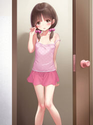 1girl arm_behind_back arm_up blush breasts brown_eyes brown_hair camisole door doorway fubuki_rinne highres indoors looking_at_viewer low_twintails miniskirt open_door open_mouth original pink_camisole pink_skirt polka_dot_camisole scrunchie short_hair short_twintails skirt small_breasts solo strap_slip thighs twintails rating:Sensitive score:53 user:danbooru