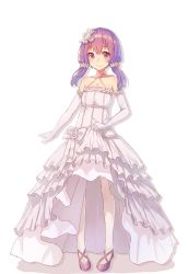 1girl alternate_costume bad_id bad_twitter_id bare_shoulders bridal_garter cjl6y5r clothes_lift collarbone commentary dress dress_lift elbow_gloves frilled_dress frills full_body gloves hair_ornament highres lifting_own_clothes looking_at_viewer oweee pantyhose purple_eyes purple_hair shoes short_hair_with_long_locks sidelocks simple_background sleeveless sleeveless_dress smile solo vocaloid voiceroid wedding_dress white_background white_dress white_gloves white_pantyhose yuzuki_yukari