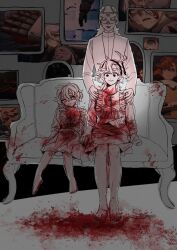  3girls barefoot blood blood_on_clothes blood_on_face blood_on_feet blood_on_ground blood_on_leg closed_mouth couch dress ericht_samaya gundam gundam_suisei_no_majo hairband hands_on_another&#039;s_shoulders highres jacket long_hair long_sleeves looking_at_viewer mask miorine_rembran mother_and_daughter multiple_girls myong8_0 on_couch parted_lips partially_colored prospera_mercury screenshot_inset short_hair siblings sisters sitting smile spacesuit suletta_mercury thick_eyebrows 