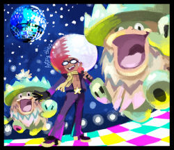 1boy afro artsy-theo black_border black_gloves blue_background blush border checkered_floor commentary creature creatures_(company) dance_floor disco disco_ball english_commentary furrowed_brow game_freak gen_3_pokemon glasses gloves holding holding_microphone jumping ludicolo male_focus microphone miror_b._(pokemon) multicolored_hair nintendo pokemon pokemon_(creature) pokemon_colosseum pokemon_xd red_hair scarf signature simple_background standing two-tone_hair white_hair yellow_scarf