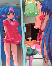 00s absurdres blue_hair blush clothes clothes_hanger clothes_in_front covering_privates dressing embarrassed eyebrows highres klan_klein long_hair macross macross_frontier mirror panties pointy_ears reflection side-tie_panties tsukahara_hajime twintails underwear very_long_hair