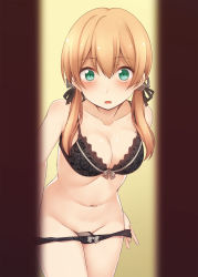 1girl :o anchor_hair_ornament bare_arms bare_shoulders black_bra black_panties blonde_hair blush bra breasts cleavage collarbone cowboy_shot fitting_room green_eyes groin hair_between_eyes hair_ornament highres kantai_collection large_breasts leaning_forward lingerie long_hair low_twintails nagami_yuu navel no_headwear open_mouth panties panty_pull prinz_eugen_(kancolle) pulling_own_clothes solo standing stomach tareme twintails underwear underwear_only undressing rating:Questionable score:51 user:danbooru