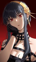 1girl absurdres black_gloves black_hair breasts cleavage earrings fingerless_gloves flower_earrings gloves hand_on_own_face highres jewelry long_hair looking_at_viewer red_eyes spy_x_family yor_briar  rating:General score:14 user:knappattack